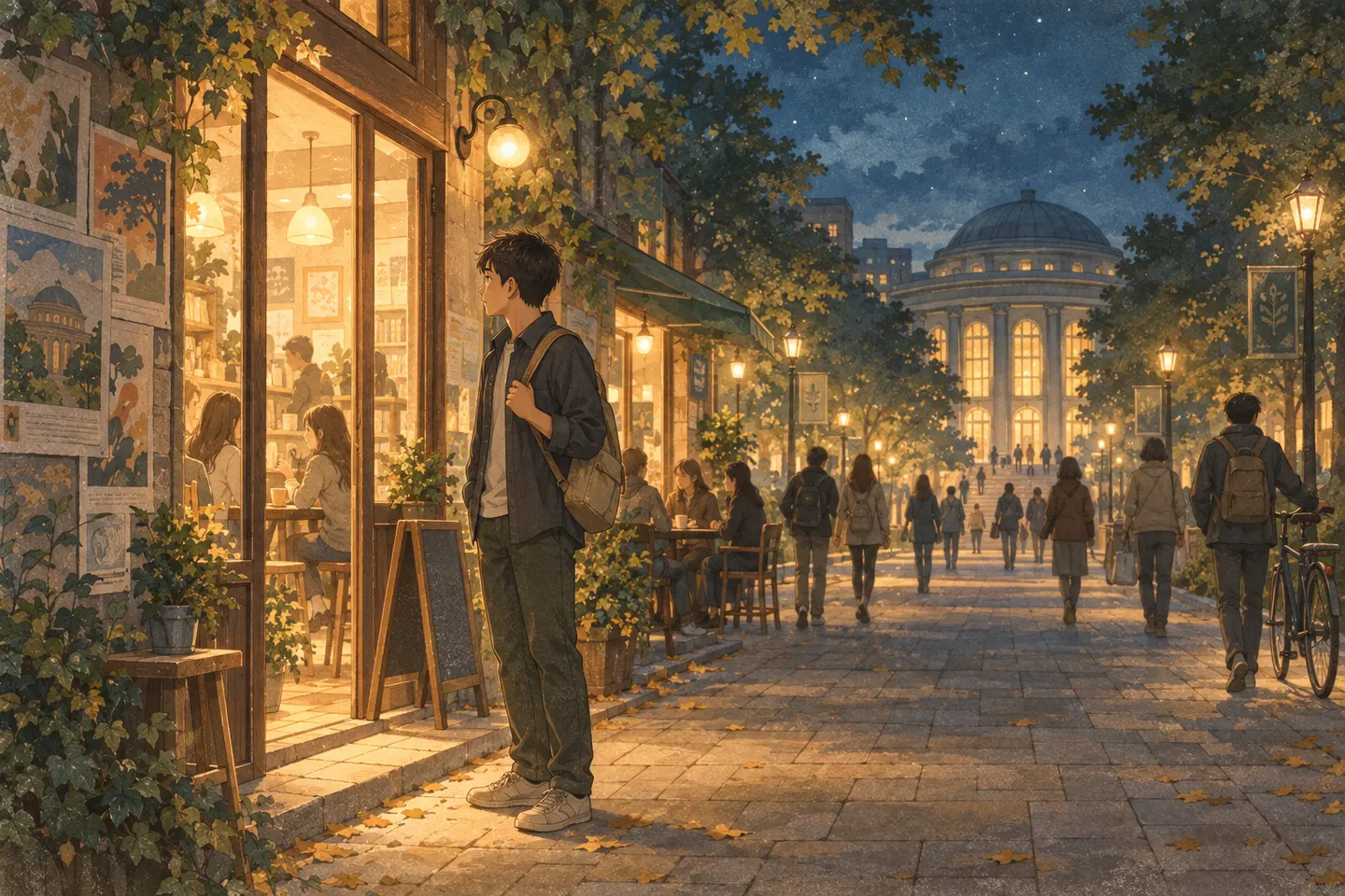 Kai pauses outside a warmly lit café on a quiet night street near campus.