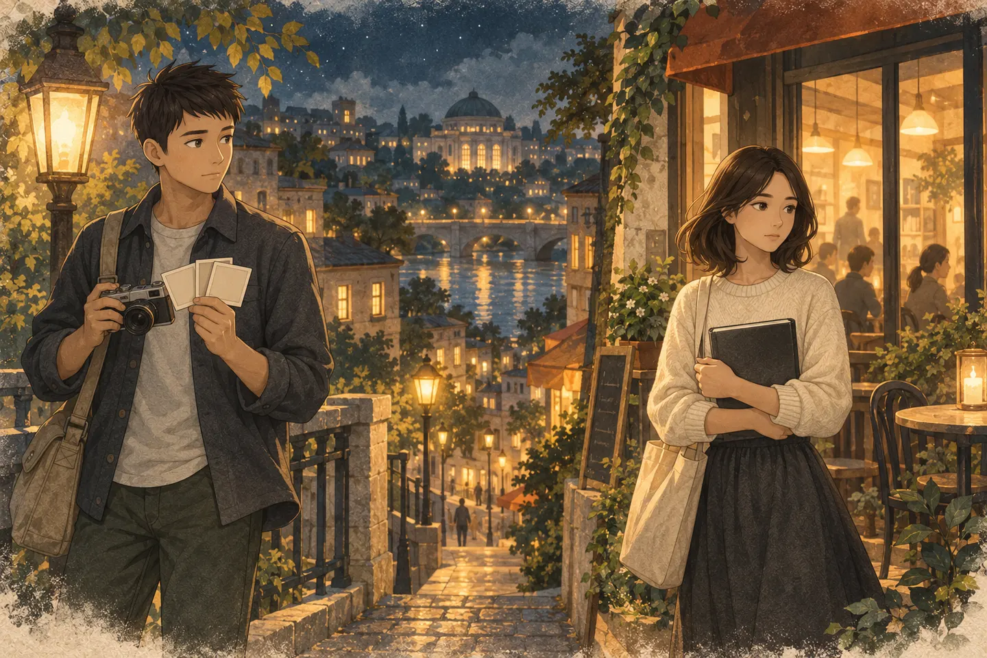 Kai holds a camera and three blank storyboard cards; Mira keeps her sketchbook closed across the city.