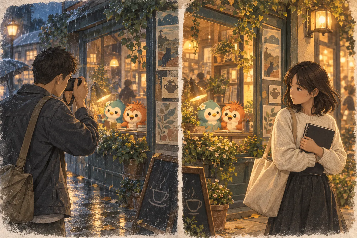 Kai photographs a café window in rain; Mira pauses at the same window in evening light, with Nene and Roro inside.