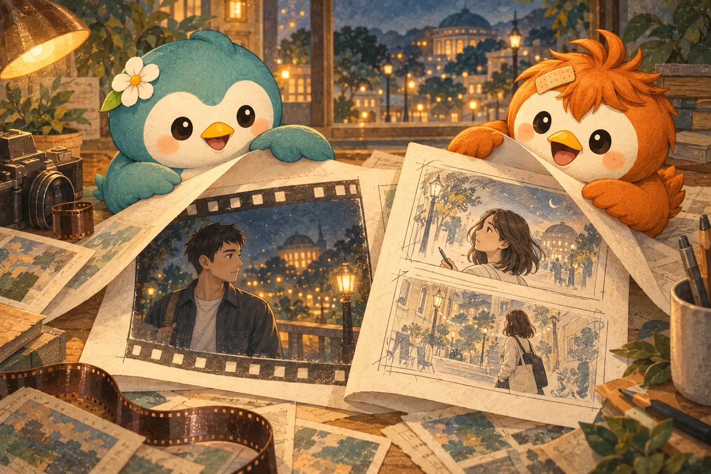 Nene and Roro turn pages showing Kai’s night footage and Mira’s unfinished storyboard.