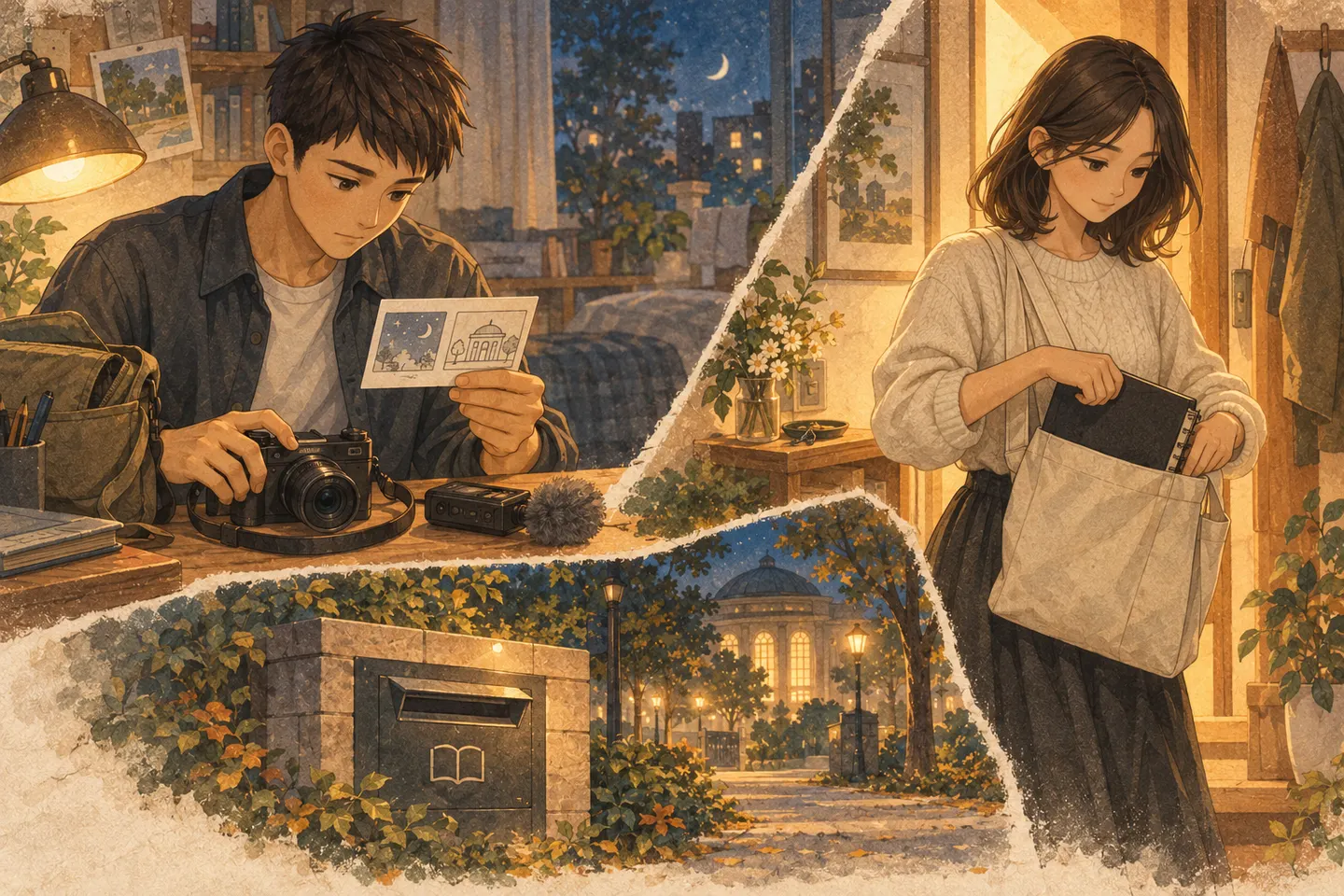 Kai prepares his camera and recorder; Mira packs her sketchbook, with a library letter box marking their destination.