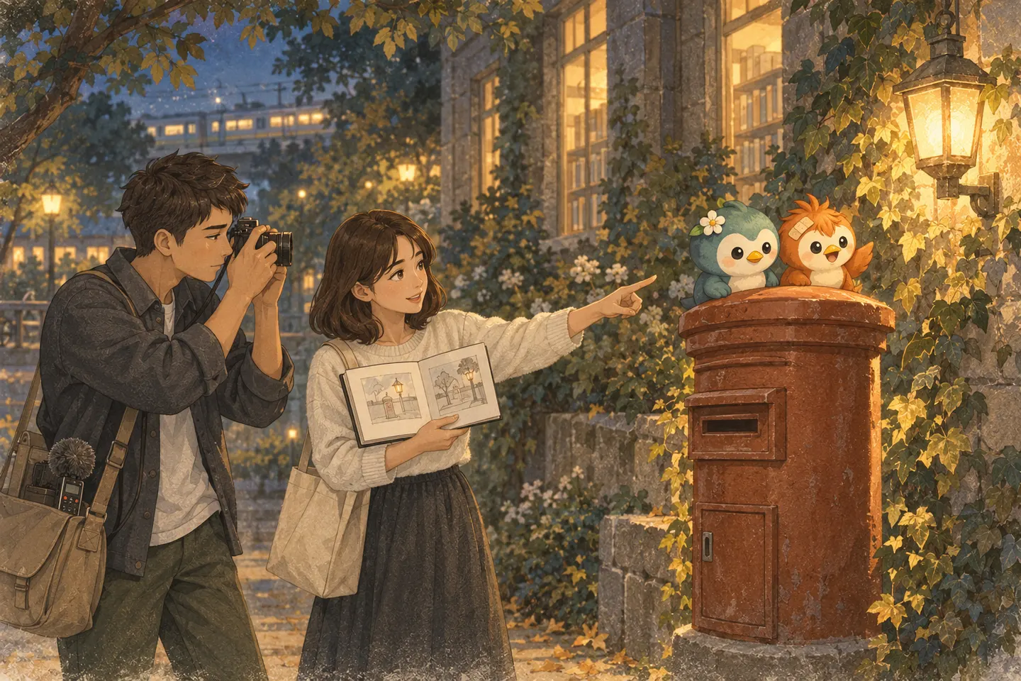 Kai films beside the library letter box while Mira points towards the lamp light; Nene and Roro watch.