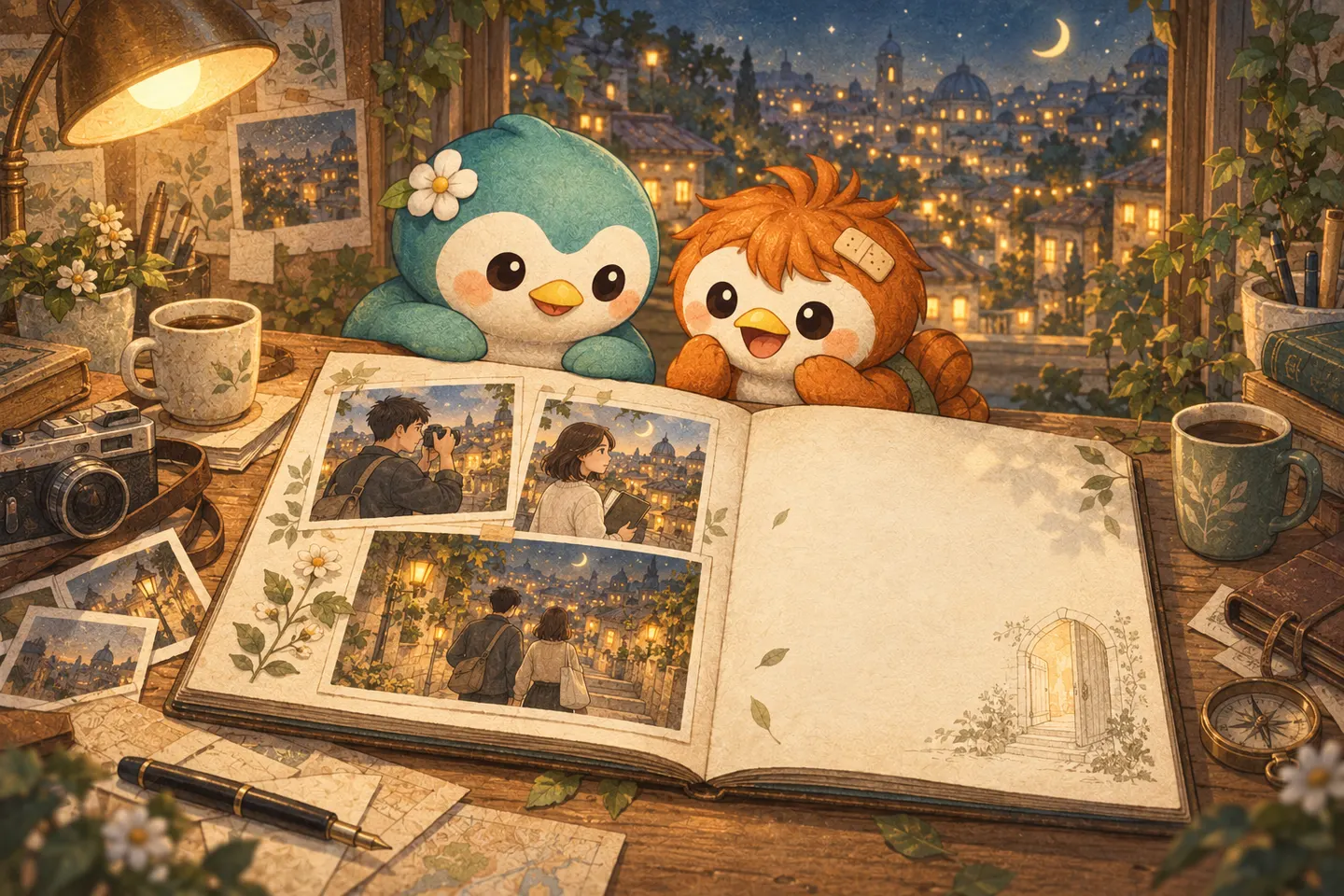 Nene and Roro leave an open notebook page beside three pictures of Kai and Mira’s city walk.